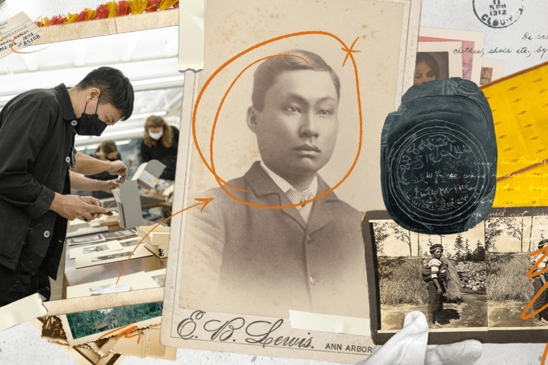 A collage featuring a person looking at archival materials and an old photograph.