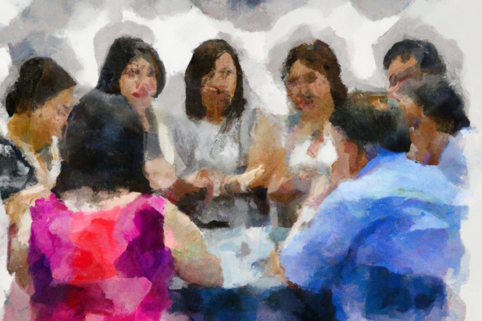 A watercolor painting of people seated around a table.