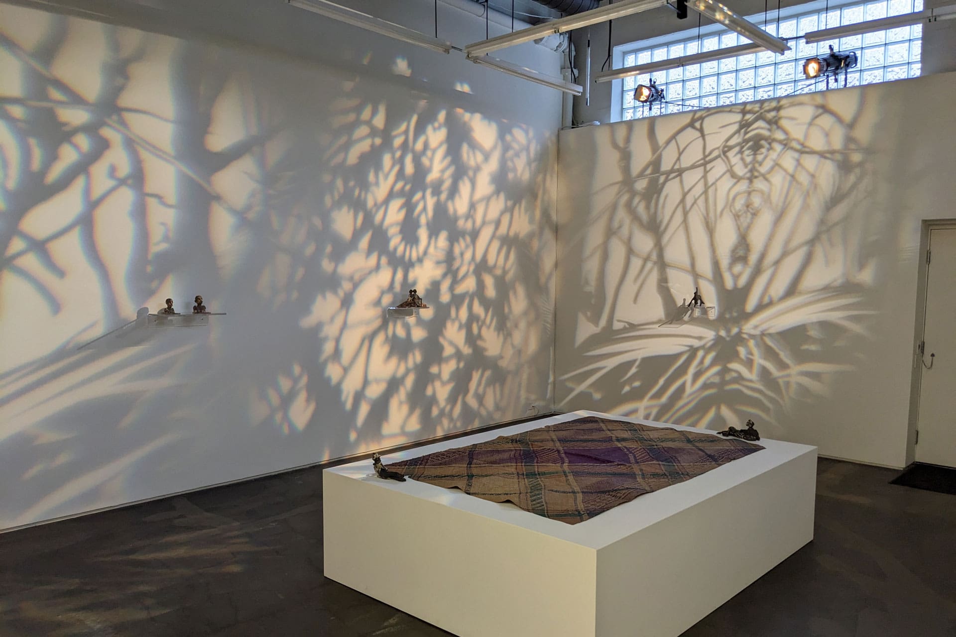 One room of a gallery featuring shadow art and a woven mat in the center.