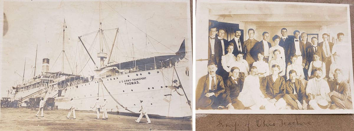 A photo of a ship at a dock in the early twentieth century and a photo of a group of American teachers in the early twentieth century.